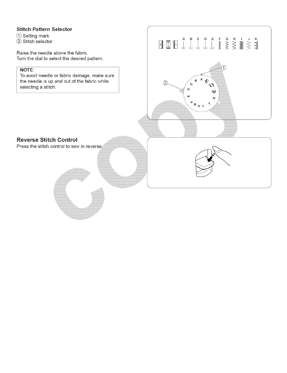 Stitch pattern selector, Reverse stitch control | Kenmore 15343 User Manual | Page 44 / 67