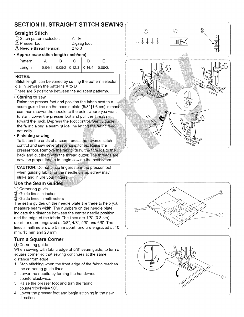 Notes, Starting to sew, Finishing sewing | Use the seam guidest^'-t, Turn a square corner, Starting to sew * finishing sewing, Use the seam guides | Kenmore 15343 User Manual | Page 46 / 67