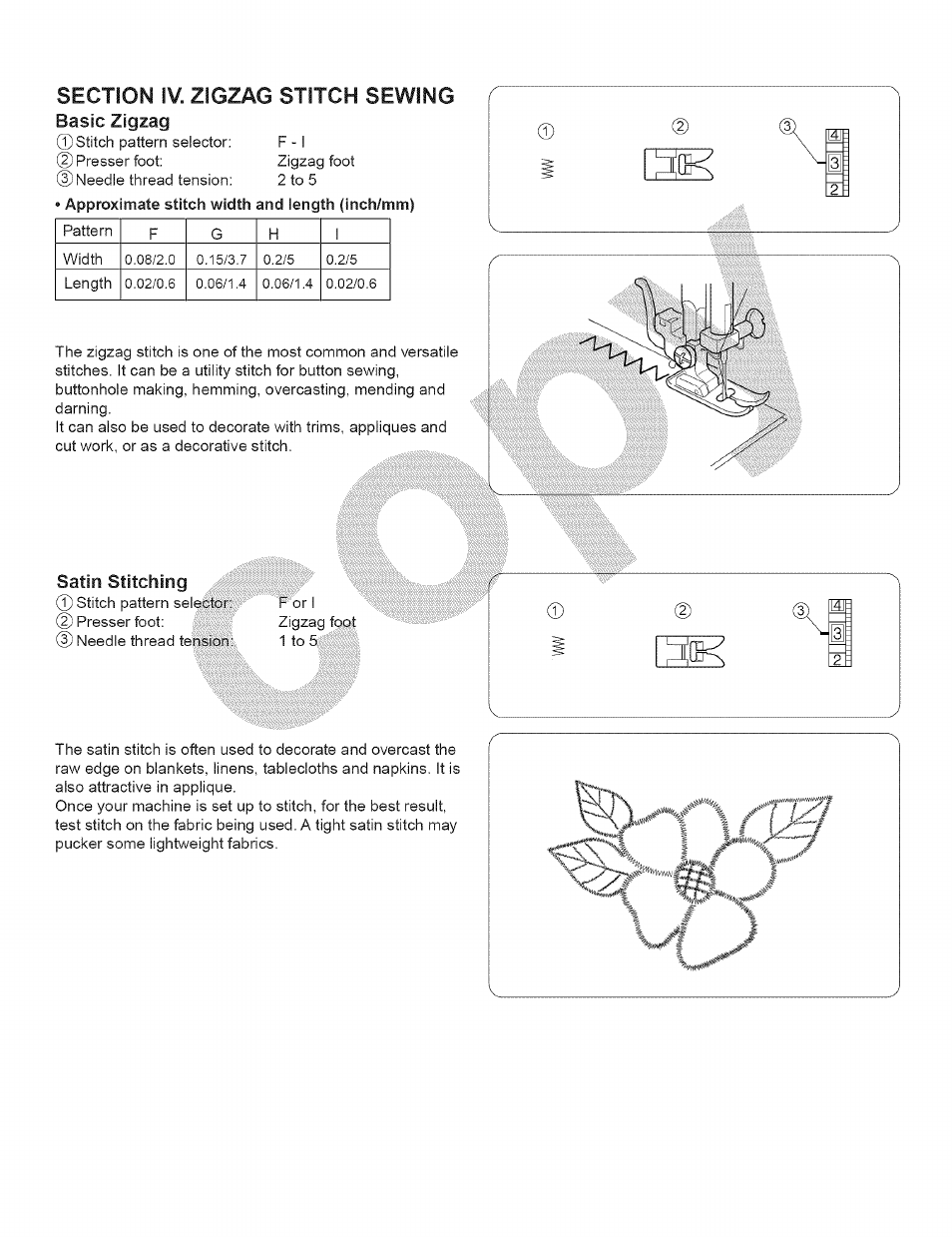 Satin stitching, Topstitching, Zigzag | Basic | Kenmore 15343 User Manual | Page 50 / 67