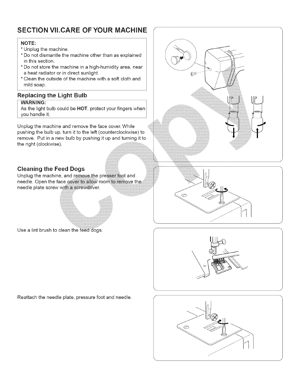 Replacing the light bulb, Warning, Cleaning the feed dogs | Replacing the light bulb cleaning the feed dogs | Kenmore 15343 User Manual | Page 58 / 67