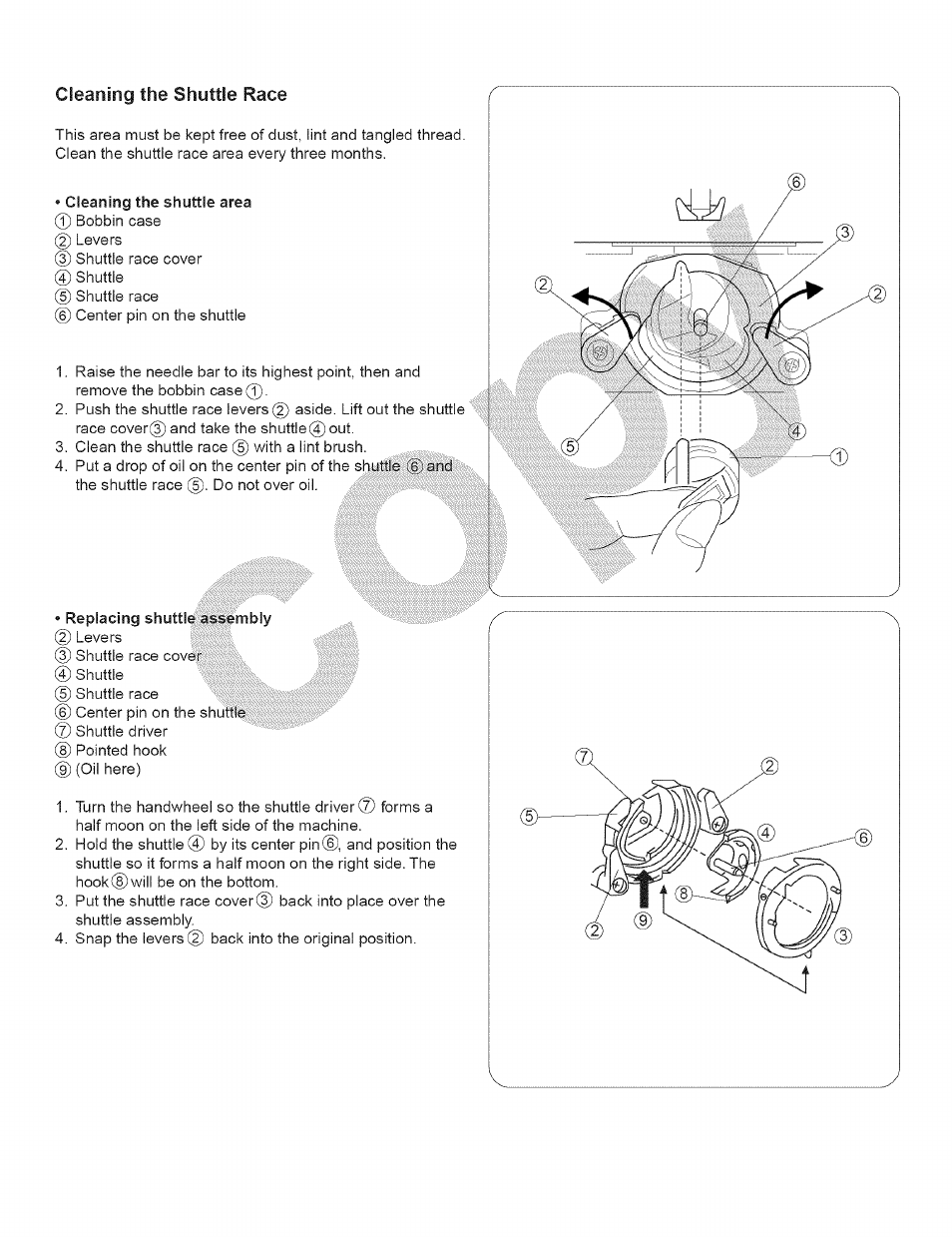 Cleaning the shuttle race, Cleaning the shuttle area, Replacing shuttle assembly 7 | Kenmore 15343 User Manual | Page 60 / 67