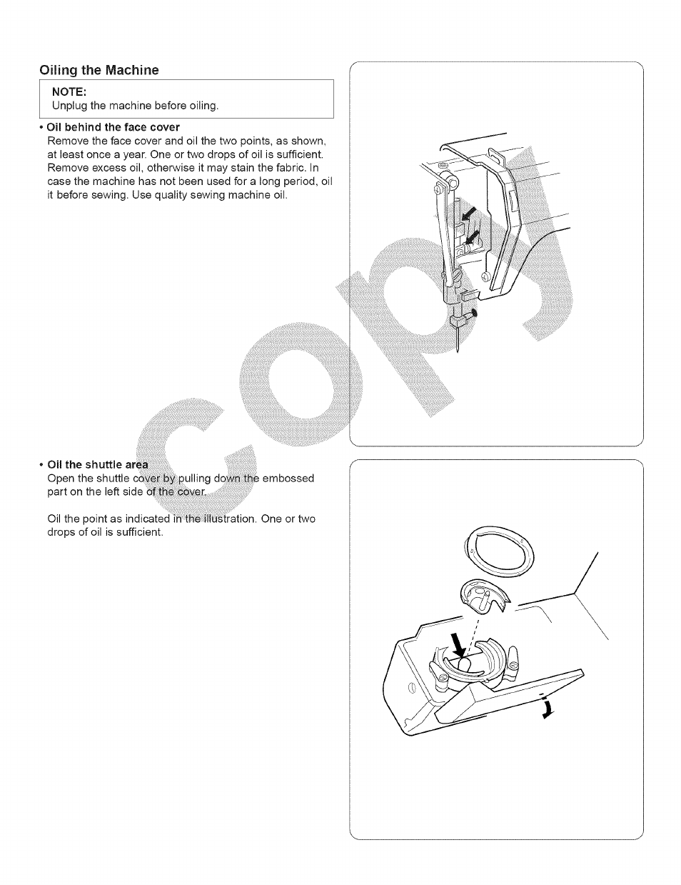 Oiling the machine, Oil behind the face cover | Kenmore 15343 User Manual | Page 62 / 67