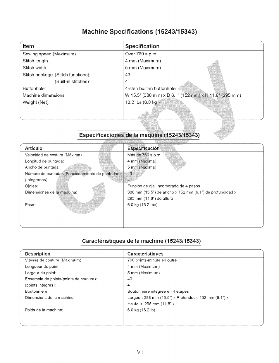 Machine specifications (15243/15343), Specification | Kenmore 15343 User Manual | Page 8 / 67