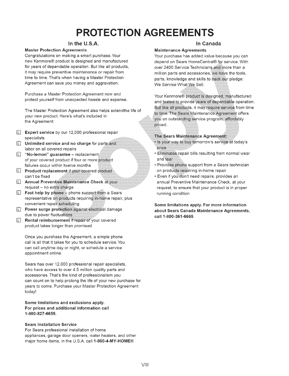 Protection agreements, In the u.s.a, In canada | Kenmore 15343 User Manual | Page 9 / 67