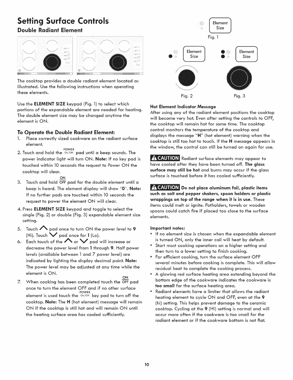 Setting surface controls, Double radiant element | Kenmore 790.4422 User Manual | Page 10 / 16