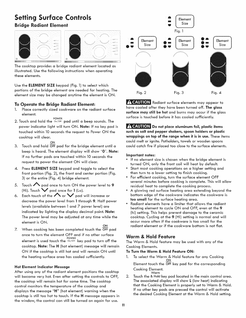 Setting surface controls, Bridge radiant element, Jm m m w | Jm m, Warm & hold feature | Kenmore 790.4422 User Manual | Page 11 / 16