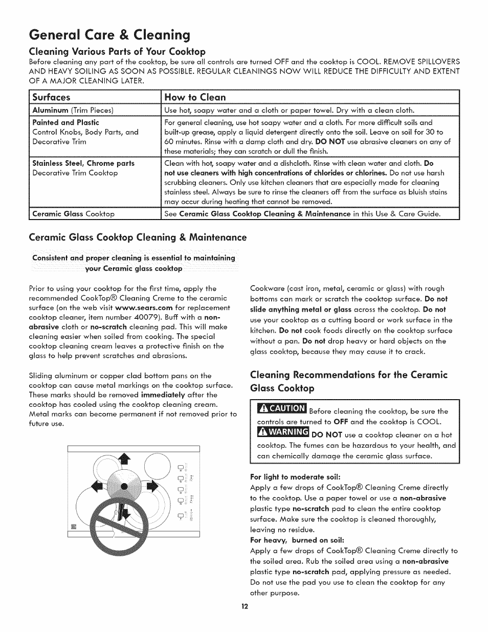 General care & cleaning, Cleaning various parts of your cooktop, Surfaces how to clean | Ceramic glass cooktop cleaning & maintenance | Kenmore 790.4422 User Manual | Page 12 / 16