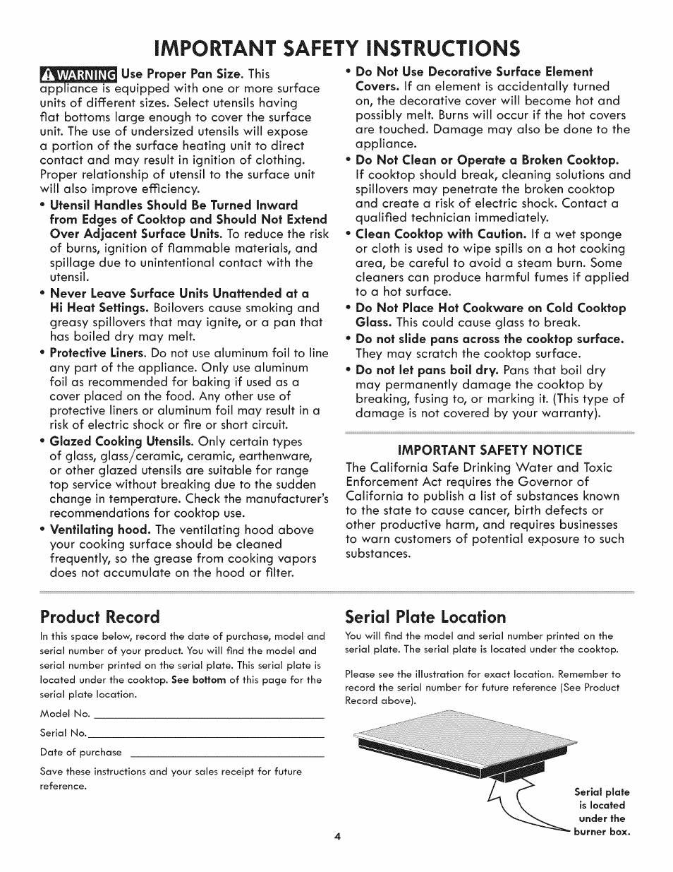 Important safety instructions, Product record, Serial plate location | Kenmore 790.4422 User Manual | Page 4 / 16