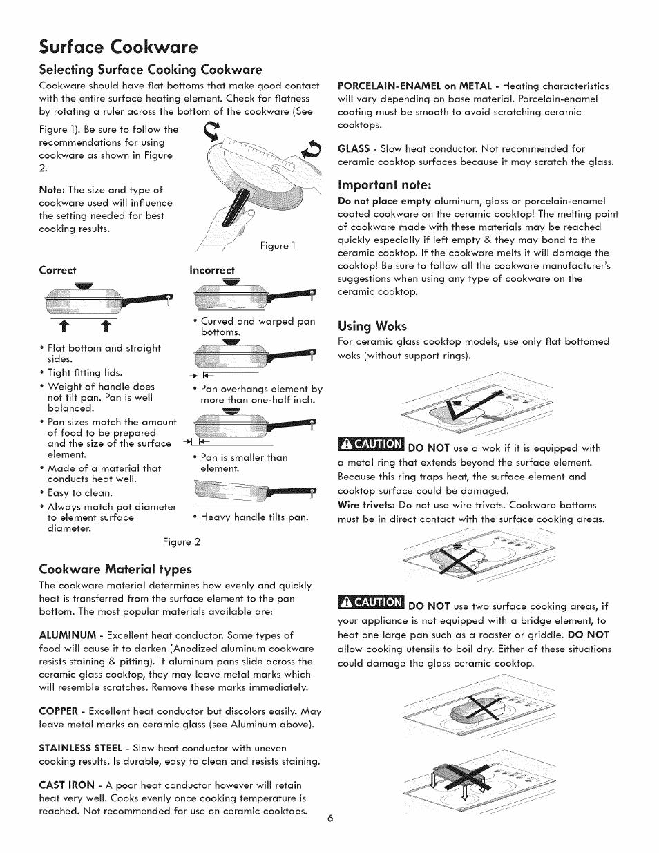 Surface cookware, Selecting surface cooking cookware, Cookware material types | Using woks | Kenmore 790.4422 User Manual | Page 6 / 16