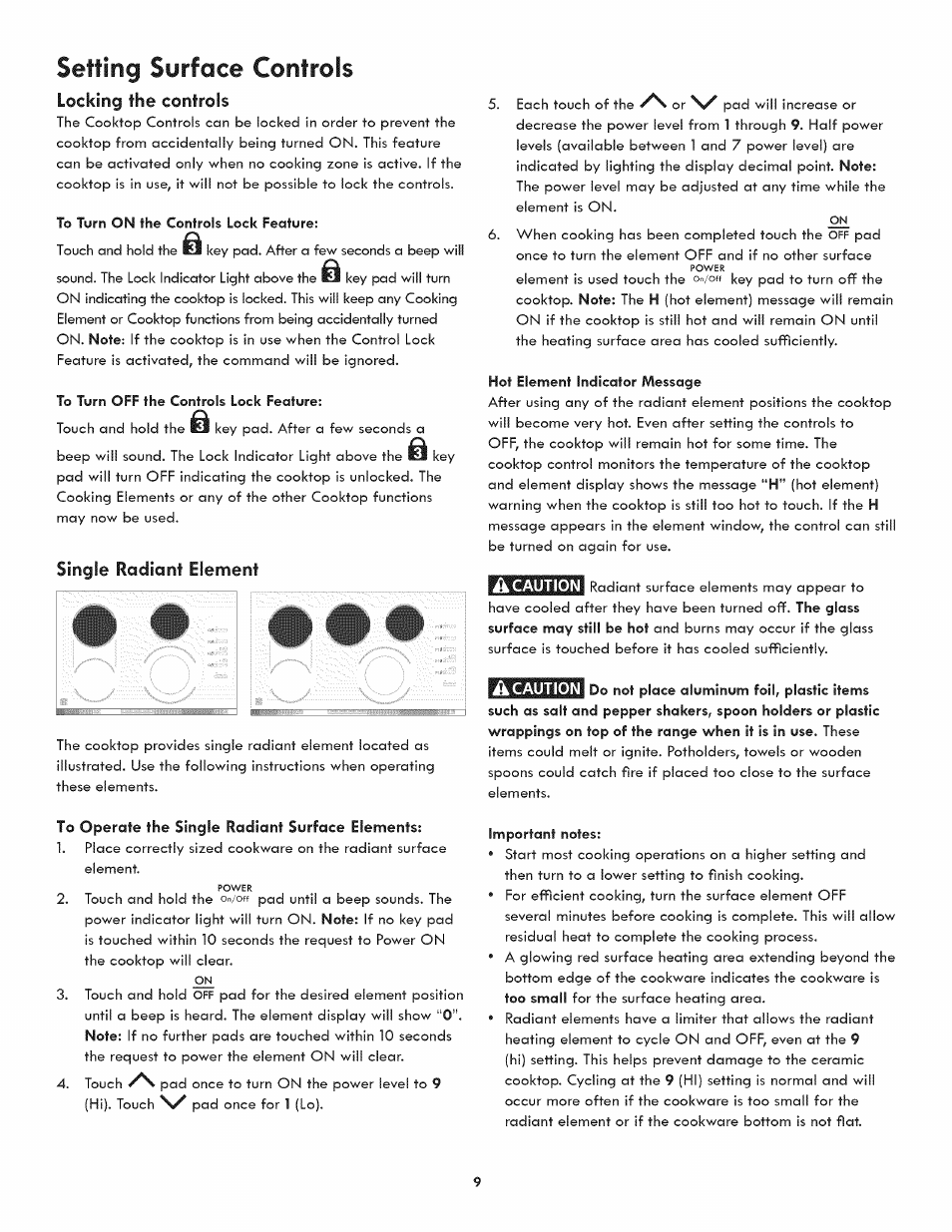 Setting surface controls, Locking the controls, Single radiant element | Kenmore 790.4422 User Manual | Page 9 / 16