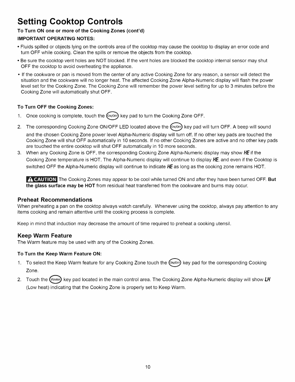 Setting cooktop controls, Preheat recommendations, Keep warm feature | Kenmore 790.4292 User Manual | Page 10 / 18