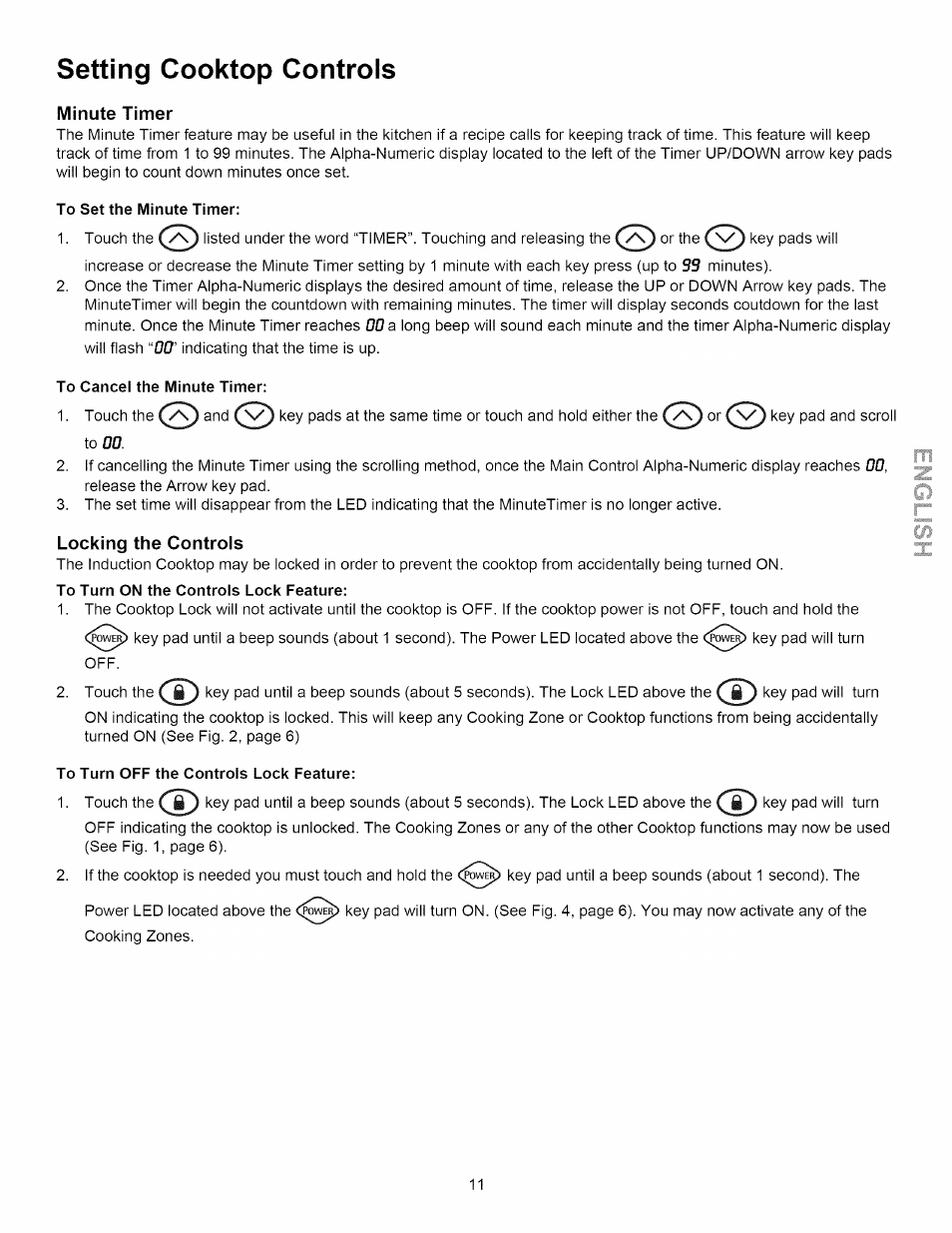 Setting cooktop controls, Minute timer, Locking the controls | Kenmore 790.4292 User Manual | Page 11 / 18