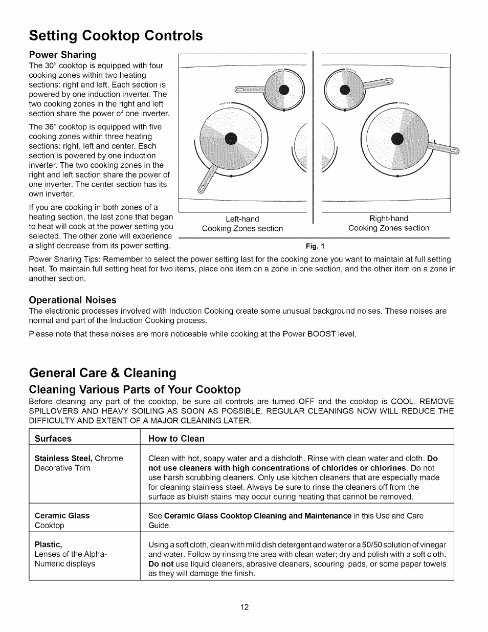 Setting cooktop controls, Power sharing, Operational noises | General care & cleaning, Cleaning various parts of your cooktop, General care & cleaning -14 | Kenmore 790.4292 User Manual | Page 12 / 18