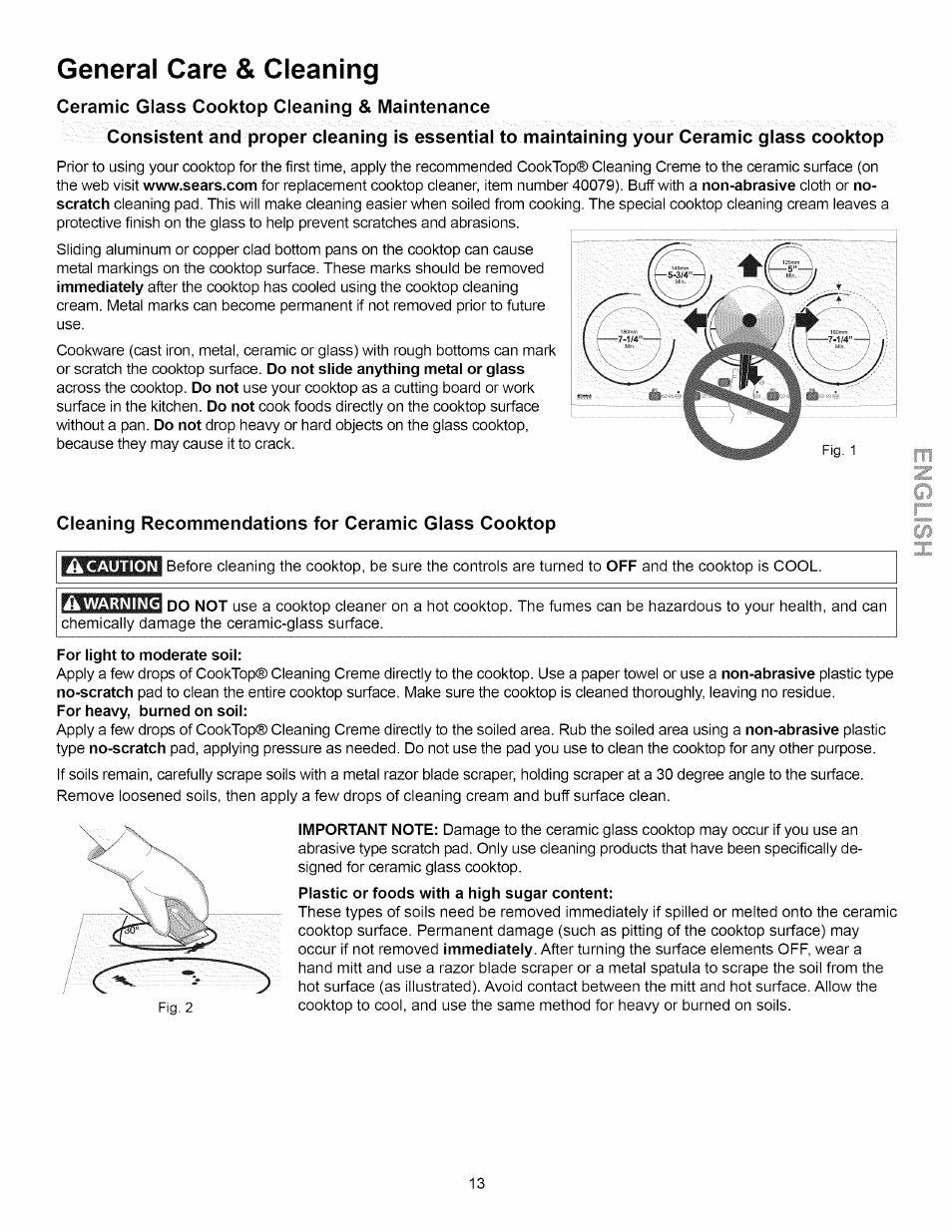 Ceramic glass cooktop cleaning & maintenance, Cleaning recommendations for ceramic glass cooktop, General care & cleaning | Kenmore 790.4292 User Manual | Page 13 / 18