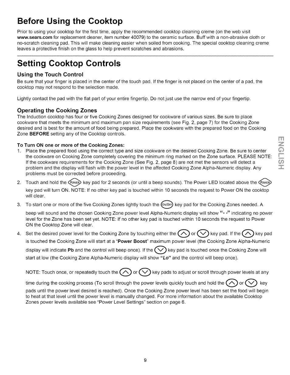 Before using the cooktop, Setting cooktop controls, Using the touch control | Operating the cooking zones, Setting cooktop controls -12 | Kenmore 790.4292 User Manual | Page 9 / 18
