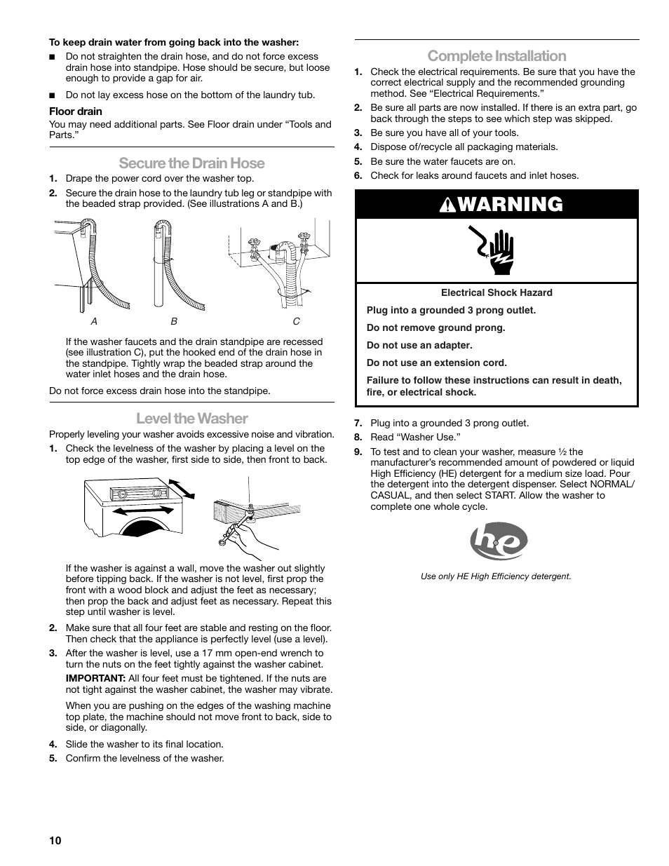 Warning, Secure the drain hose, Level the washer | Complete installation | Kenmore 110.4708 User Manual | Page 10 / 80