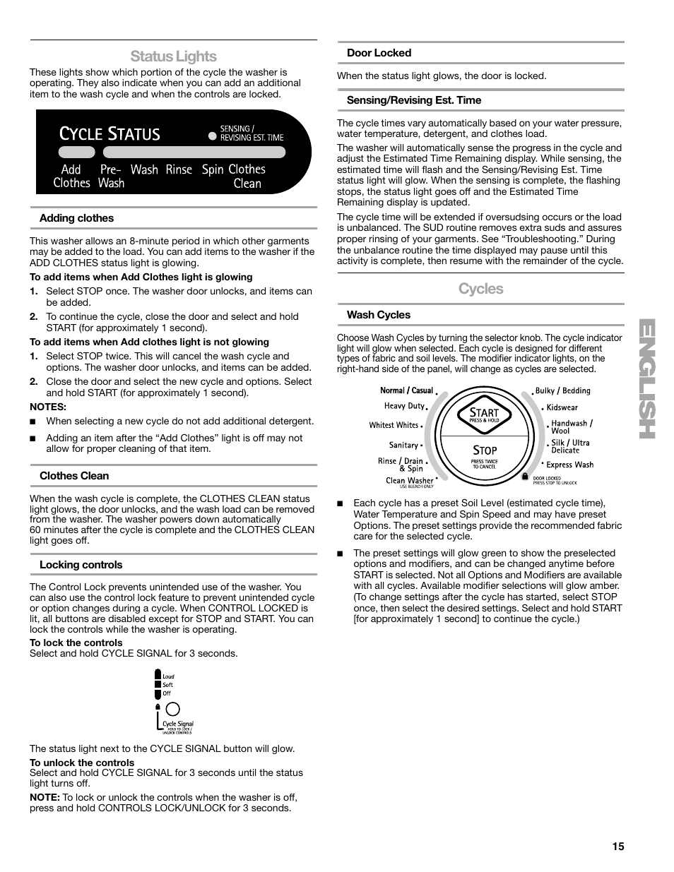 Status lights, Cycles | Kenmore 110.4708 User Manual | Page 15 / 80