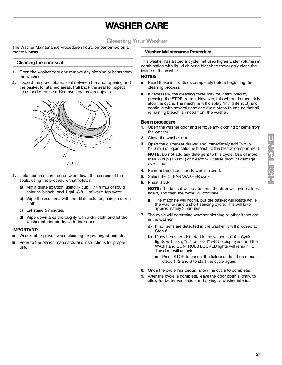 Washer care, Cleaning your washer | Kenmore 110.4708 User Manual | Page 21 / 80