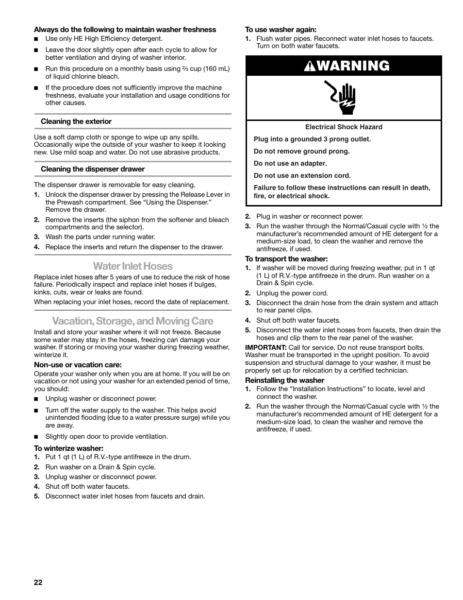 Warning, Water inlet hoses, Vacation, storage, and moving care | Kenmore 110.4708 User Manual | Page 22 / 80