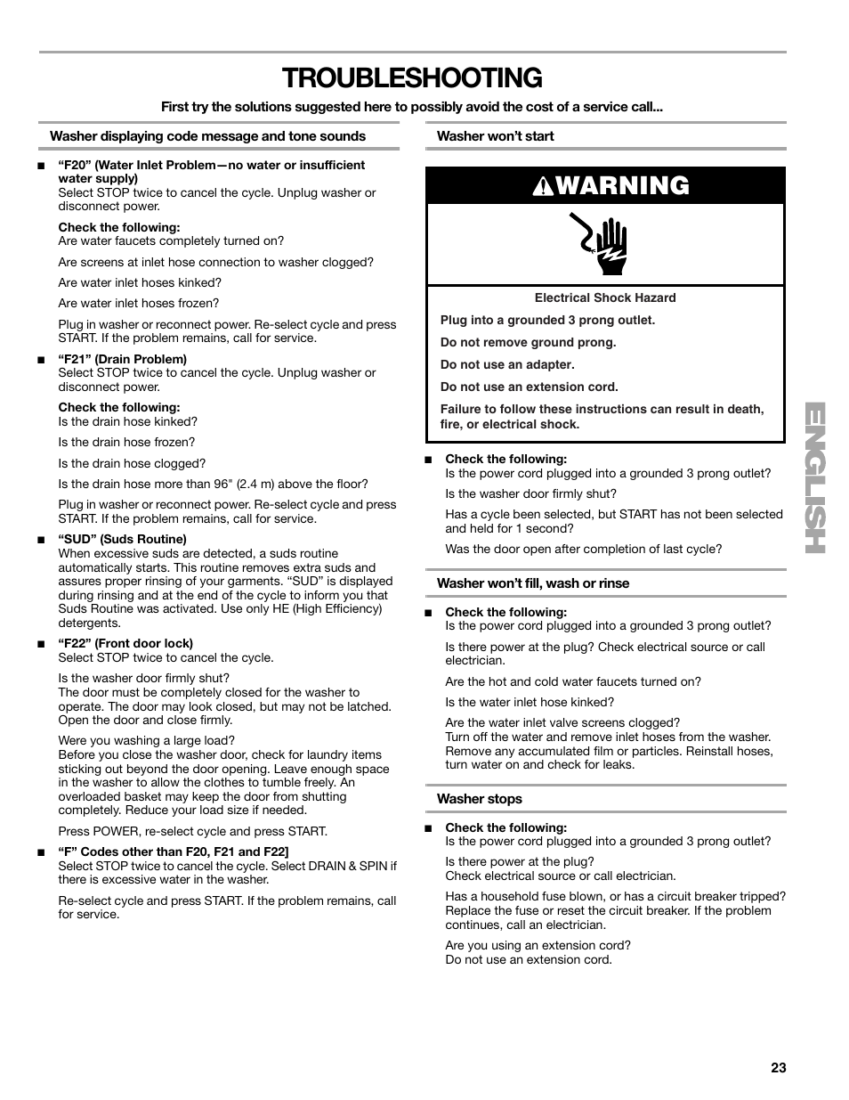 Troubleshooting, Warning | Kenmore 110.4708 User Manual | Page 23 / 80