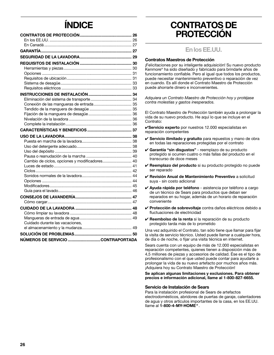 Índice, Contratos de protección, En los ee.uu | Kenmore 110.4708 User Manual | Page 26 / 80