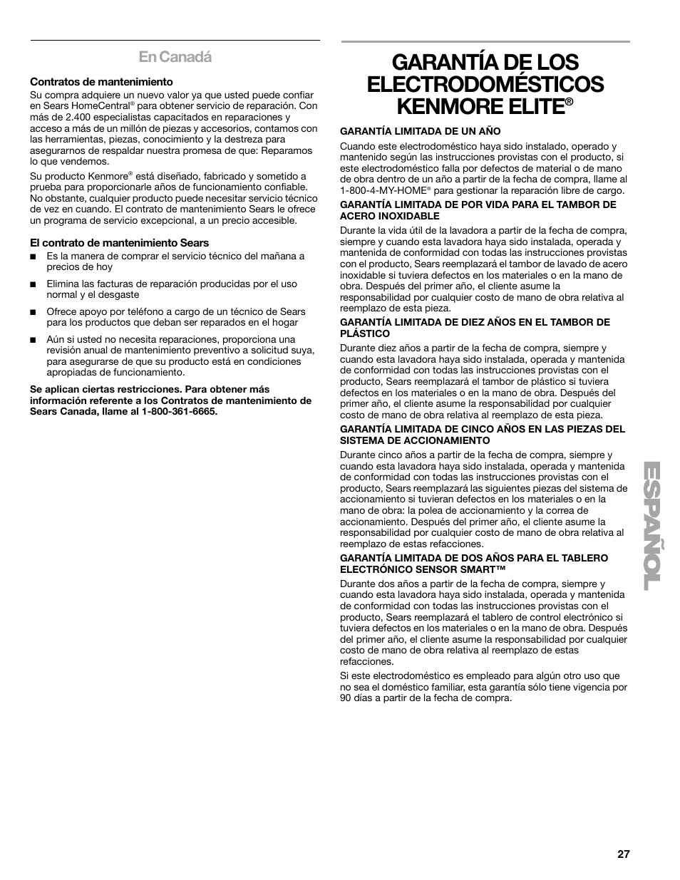 Garantía de los electrodomésticos kenmore elite, En canadá | Kenmore 110.4708 User Manual | Page 27 / 80