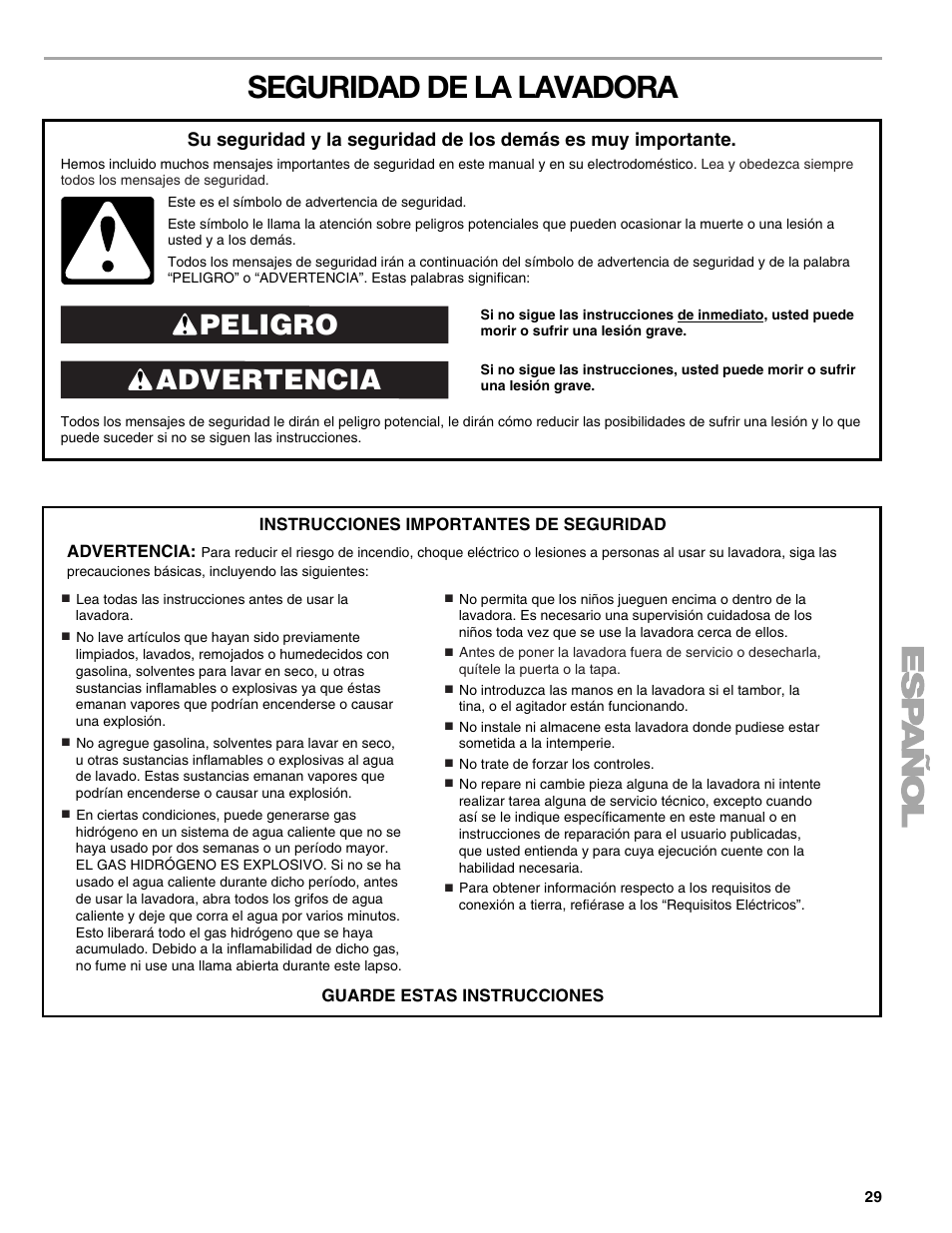 Seguridad de la lavadora, Advertencia peligro | Kenmore 110.4708 User Manual | Page 29 / 80