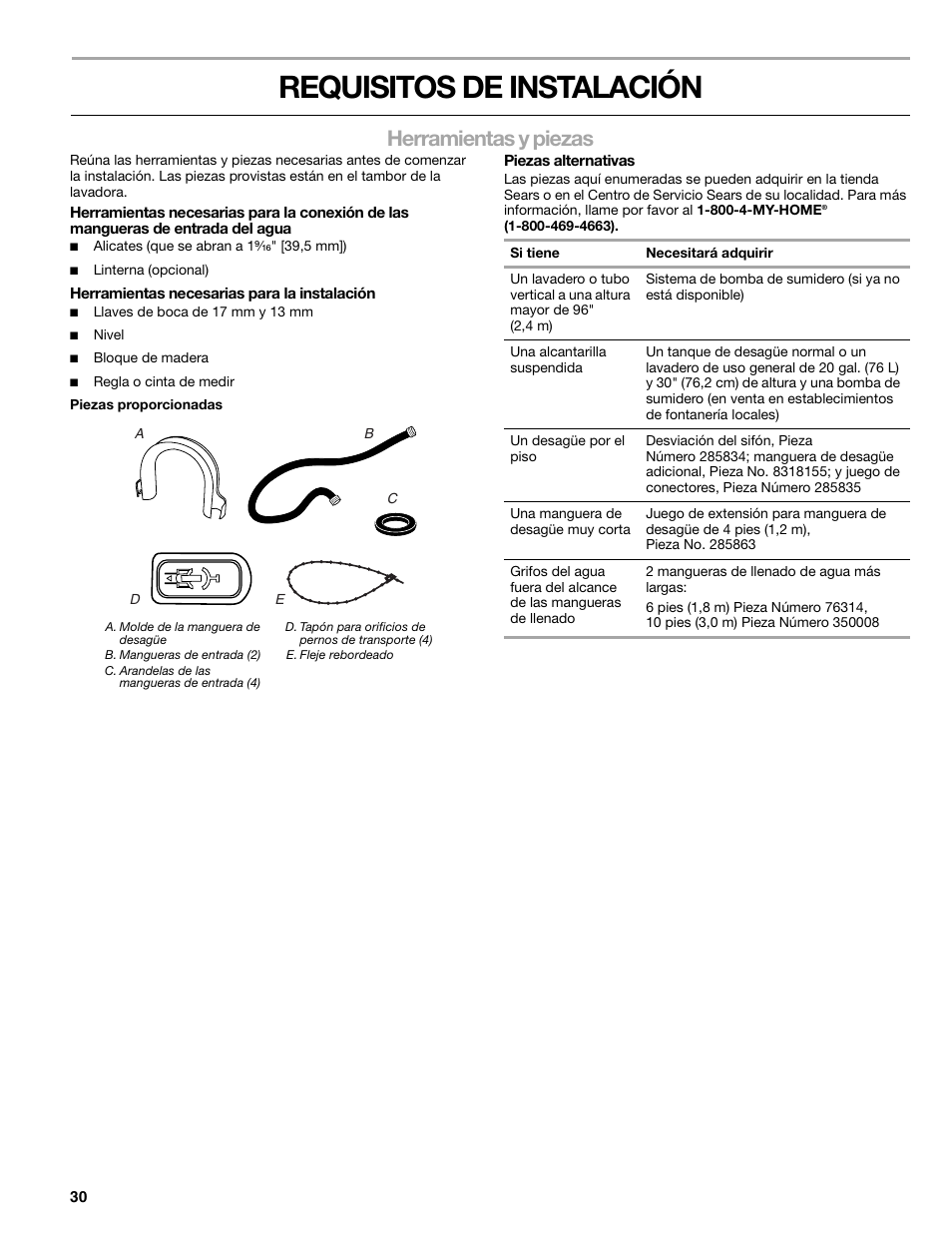 Requisitos de instalación, Herramientas y piezas | Kenmore 110.4708 User Manual | Page 30 / 80