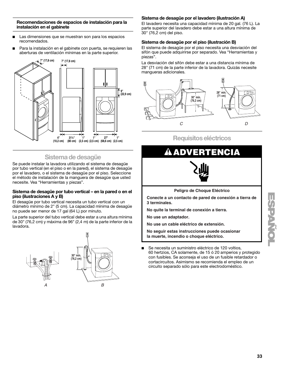 Advertencia, Sistema de desagüe, Requisitos eléctricos | Kenmore 110.4708 User Manual | Page 33 / 80