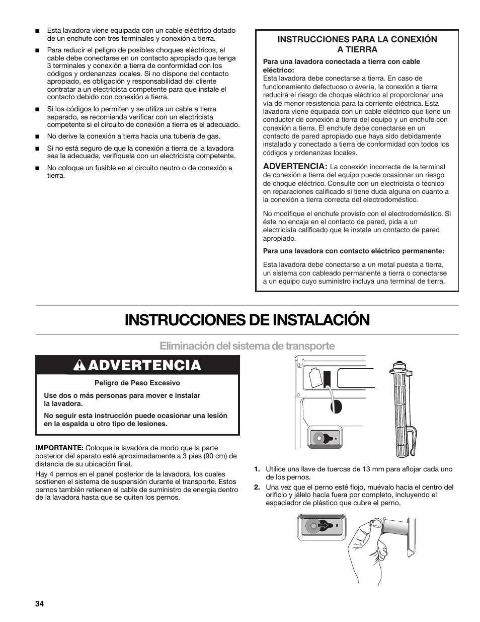 Instrucciones de instalación, Advertencia, Eliminación del sistema de transporte | Kenmore 110.4708 User Manual | Page 34 / 80