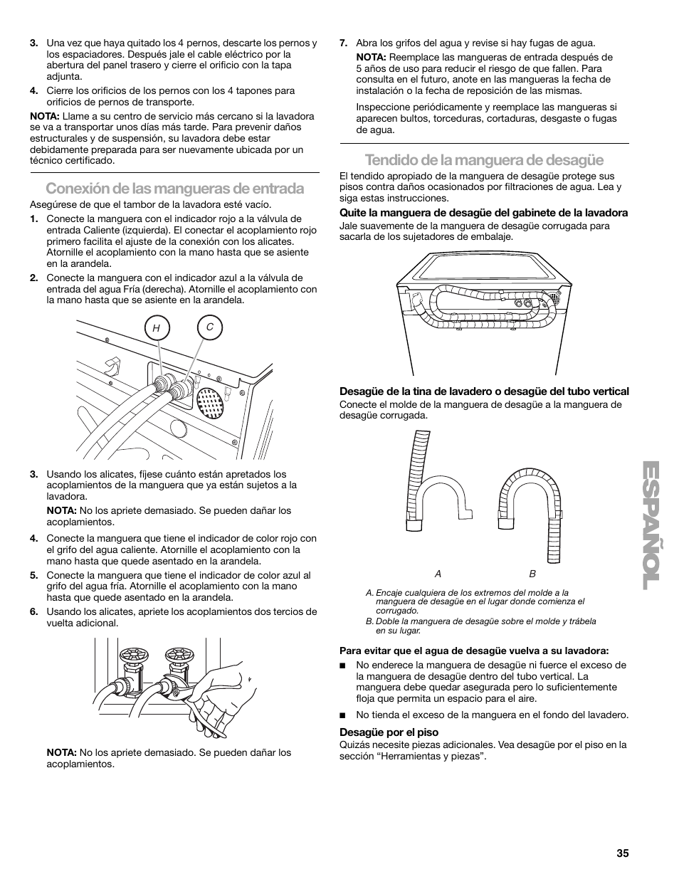 Conexión de las mangueras de entrada, Tendido de la manguera de desagüe | Kenmore 110.4708 User Manual | Page 35 / 80