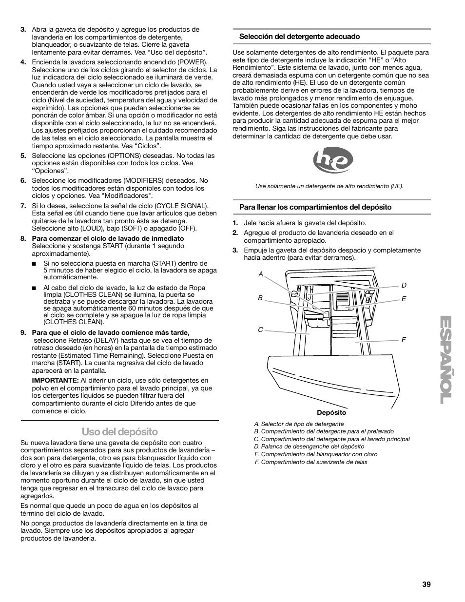 Uso del depósito | Kenmore 110.4708 User Manual | Page 39 / 80