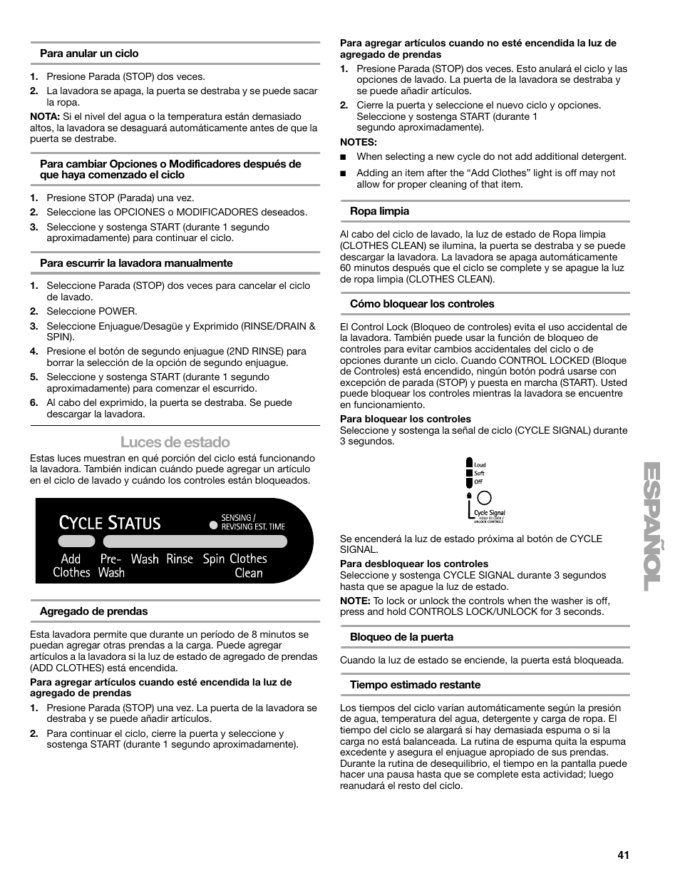 Luces de estado | Kenmore 110.4708 User Manual | Page 41 / 80