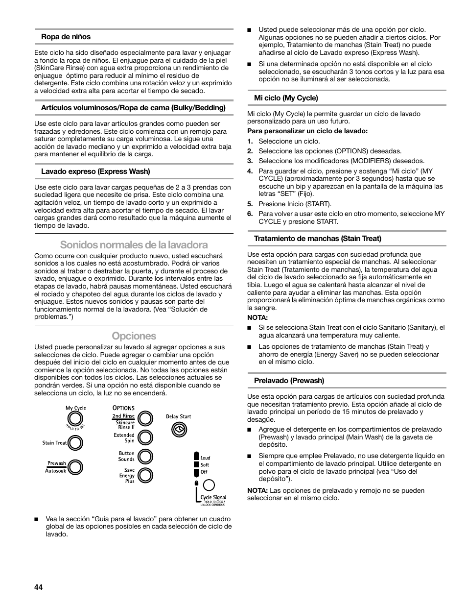 Sonidos normales de la lavadora, Opciones | Kenmore 110.4708 User Manual | Page 44 / 80