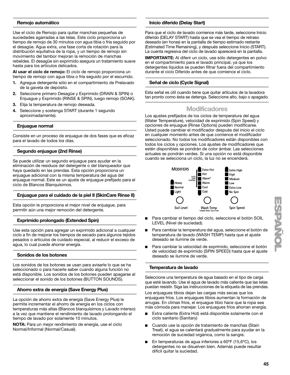 Modificadores | Kenmore 110.4708 User Manual | Page 45 / 80