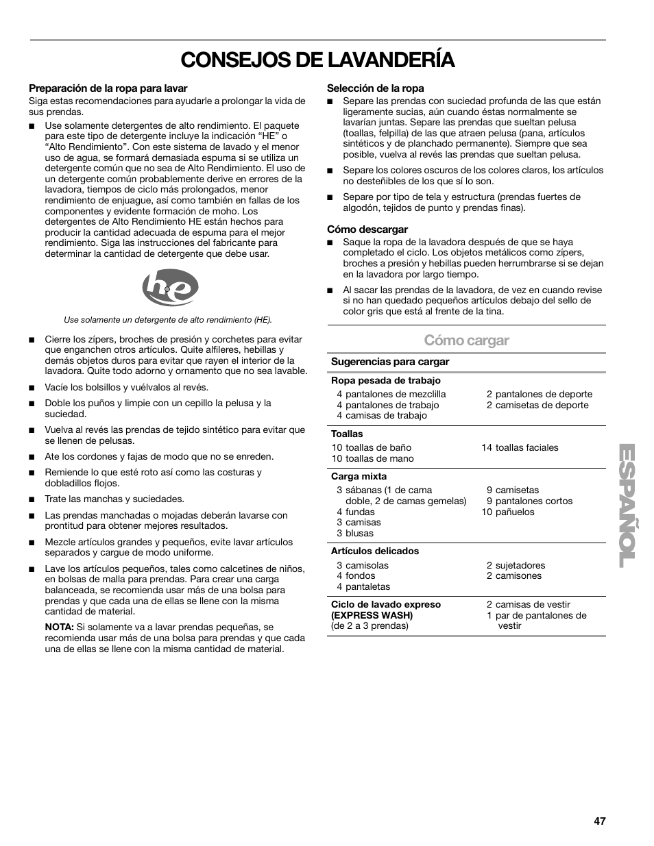 Consejos de lavandería, Cómo cargar | Kenmore 110.4708 User Manual | Page 47 / 80