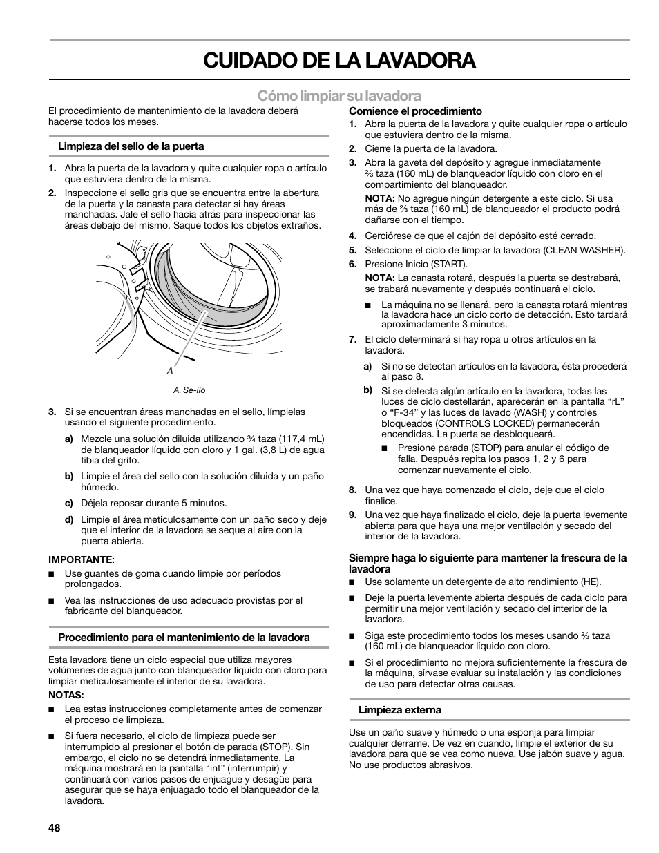 Cuidado de la lavadora, Cómo limpiar su lavadora | Kenmore 110.4708 User Manual | Page 48 / 80