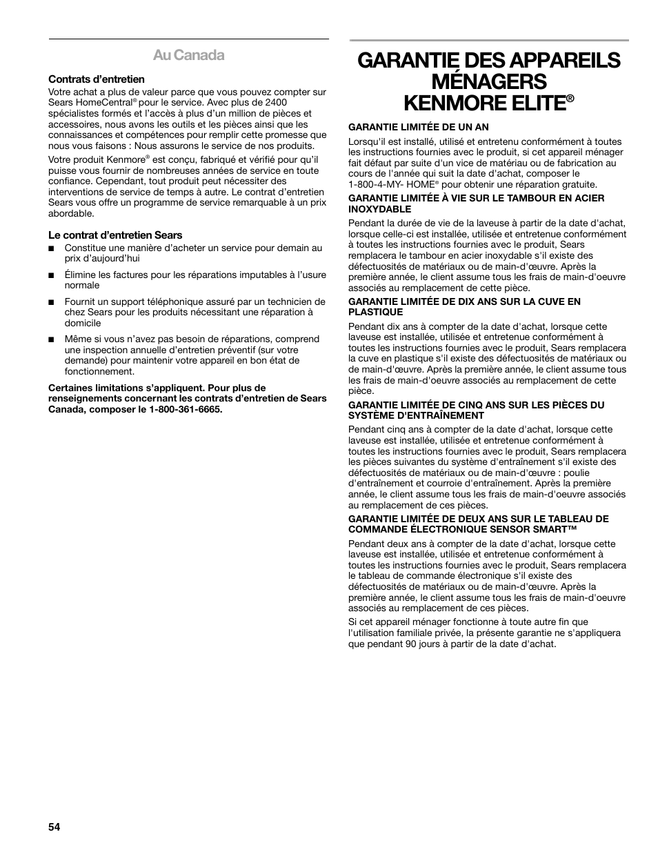 Garantie des appareils ménagers kenmore elite, Au canada | Kenmore 110.4708 User Manual | Page 54 / 80