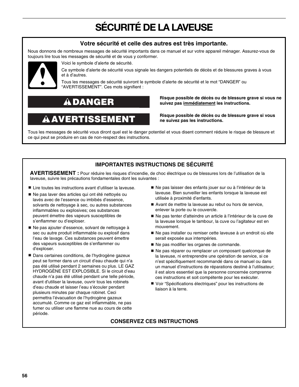 Sécurité de la laveuse, Avertissement danger | Kenmore 110.4708 User Manual | Page 56 / 80