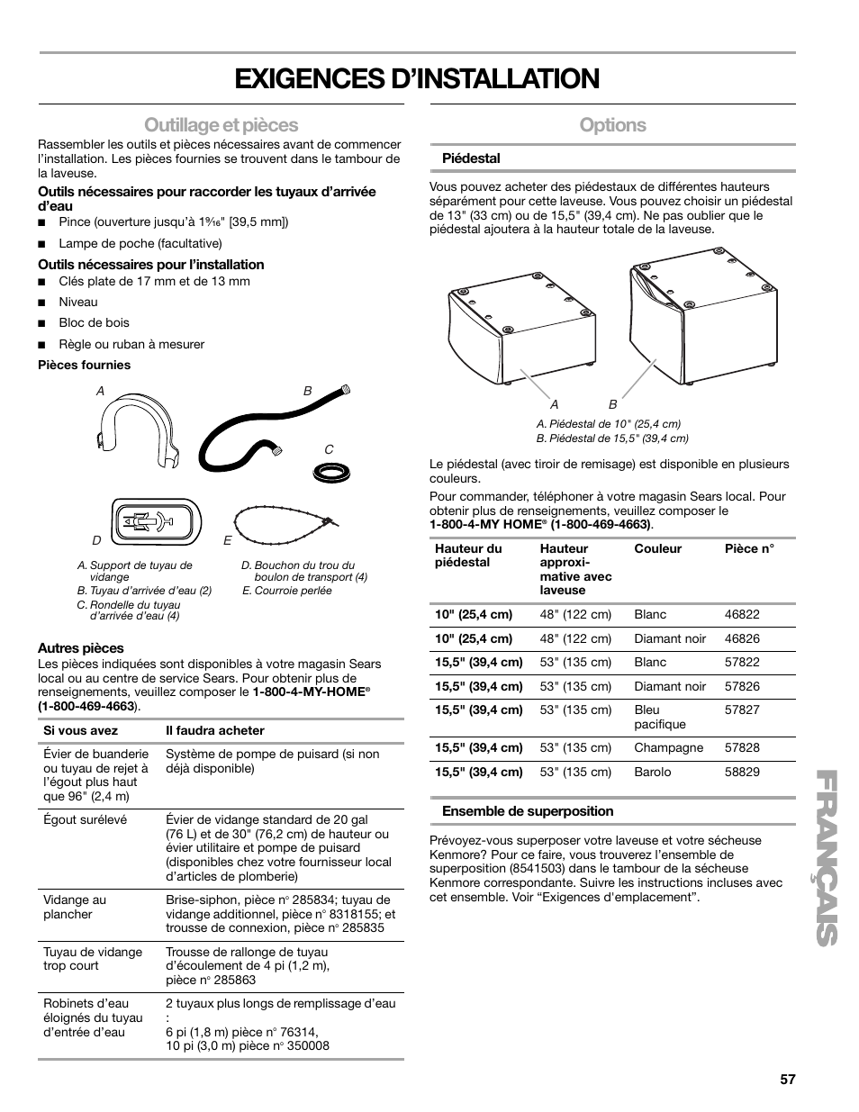 Exigences d’installation, Outillage et pièces, Options | Kenmore 110.4708 User Manual | Page 57 / 80