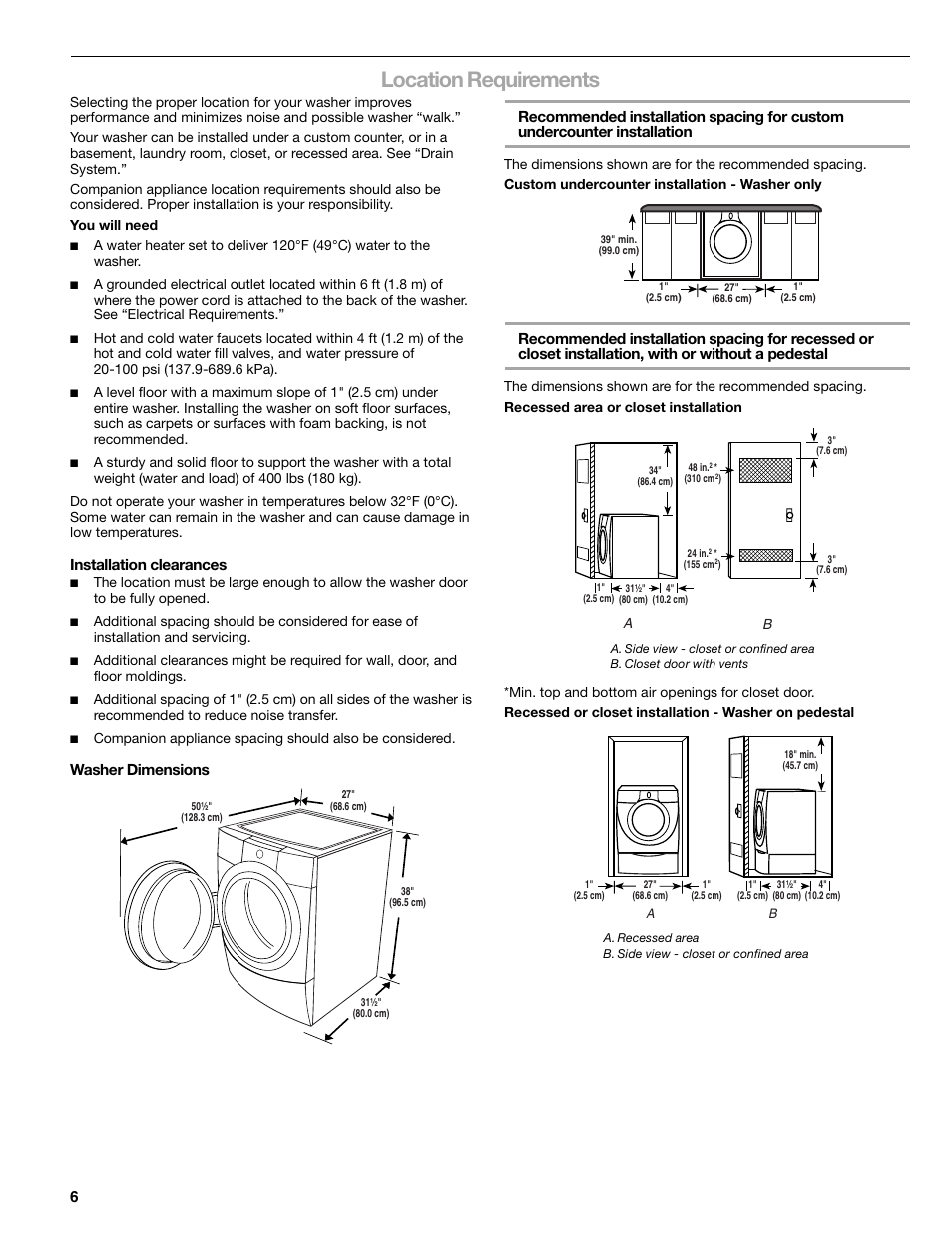 Location requirements, Installation clearances | Kenmore 110.4708 User Manual | Page 6 / 80