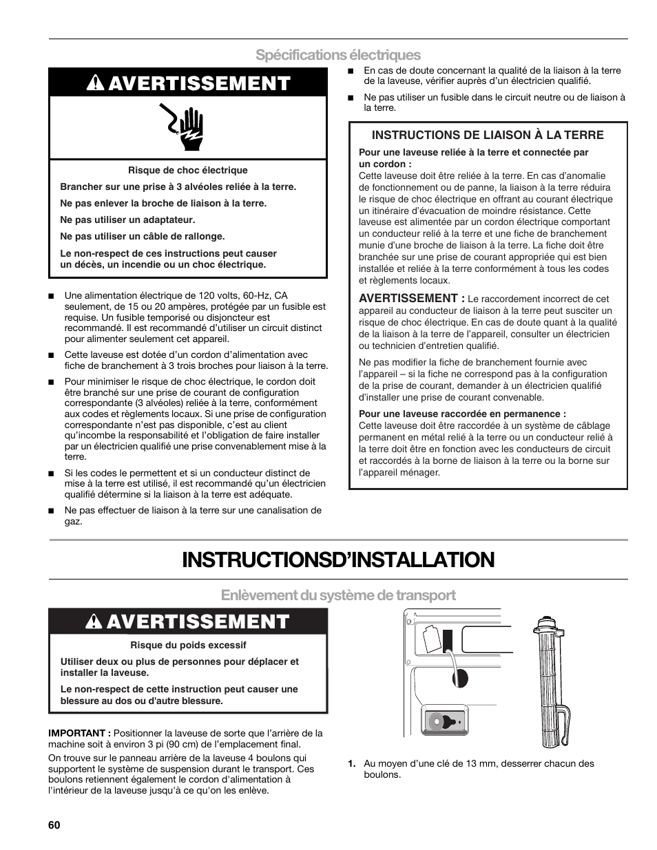 Instructionsd’installation, Avertissement, Spécifications électriques | Enlèvement du système de transport | Kenmore 110.4708 User Manual | Page 60 / 80