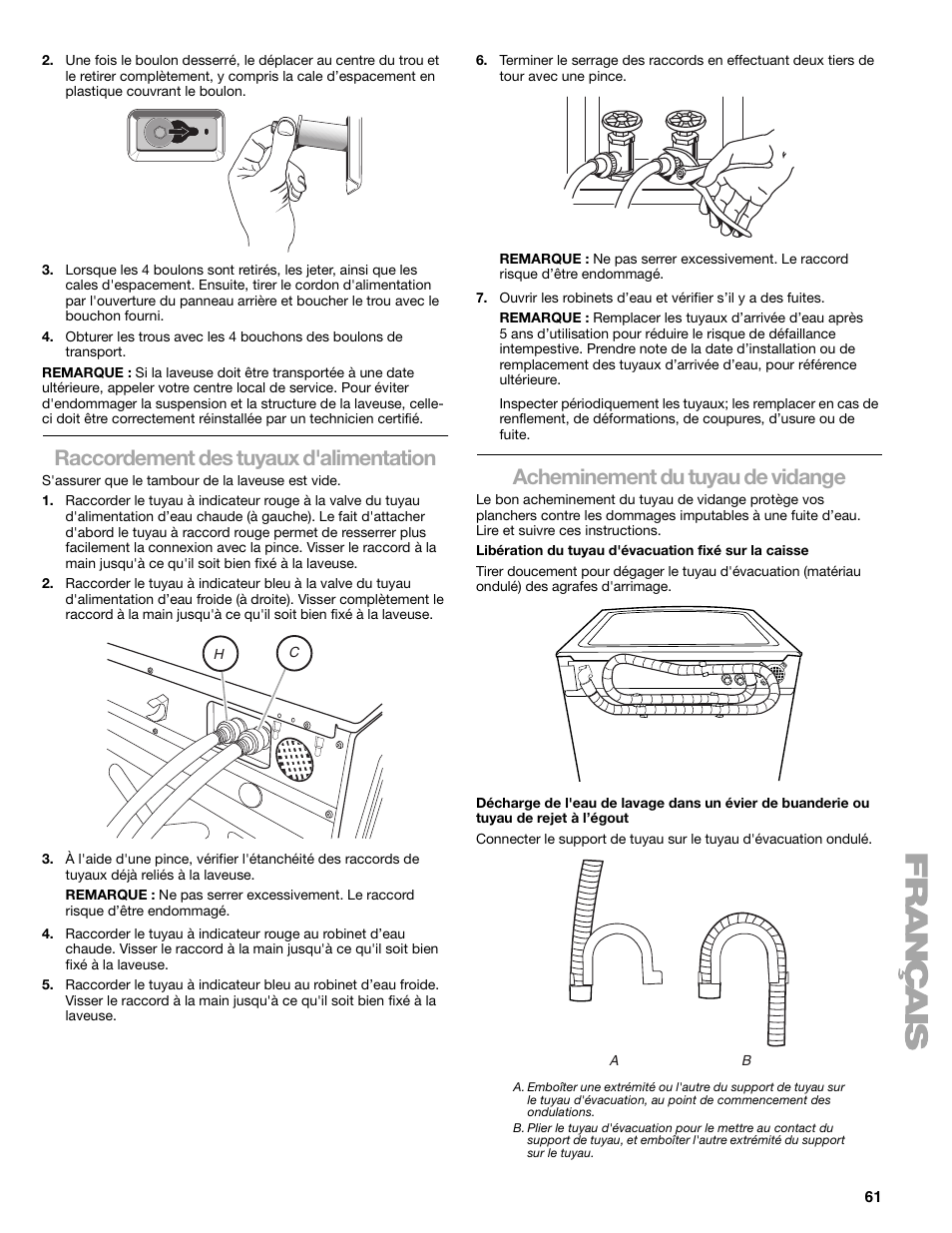 Raccordement des tuyaux d'alimentation, Acheminement du tuyau de vidange | Kenmore 110.4708 User Manual | Page 61 / 80