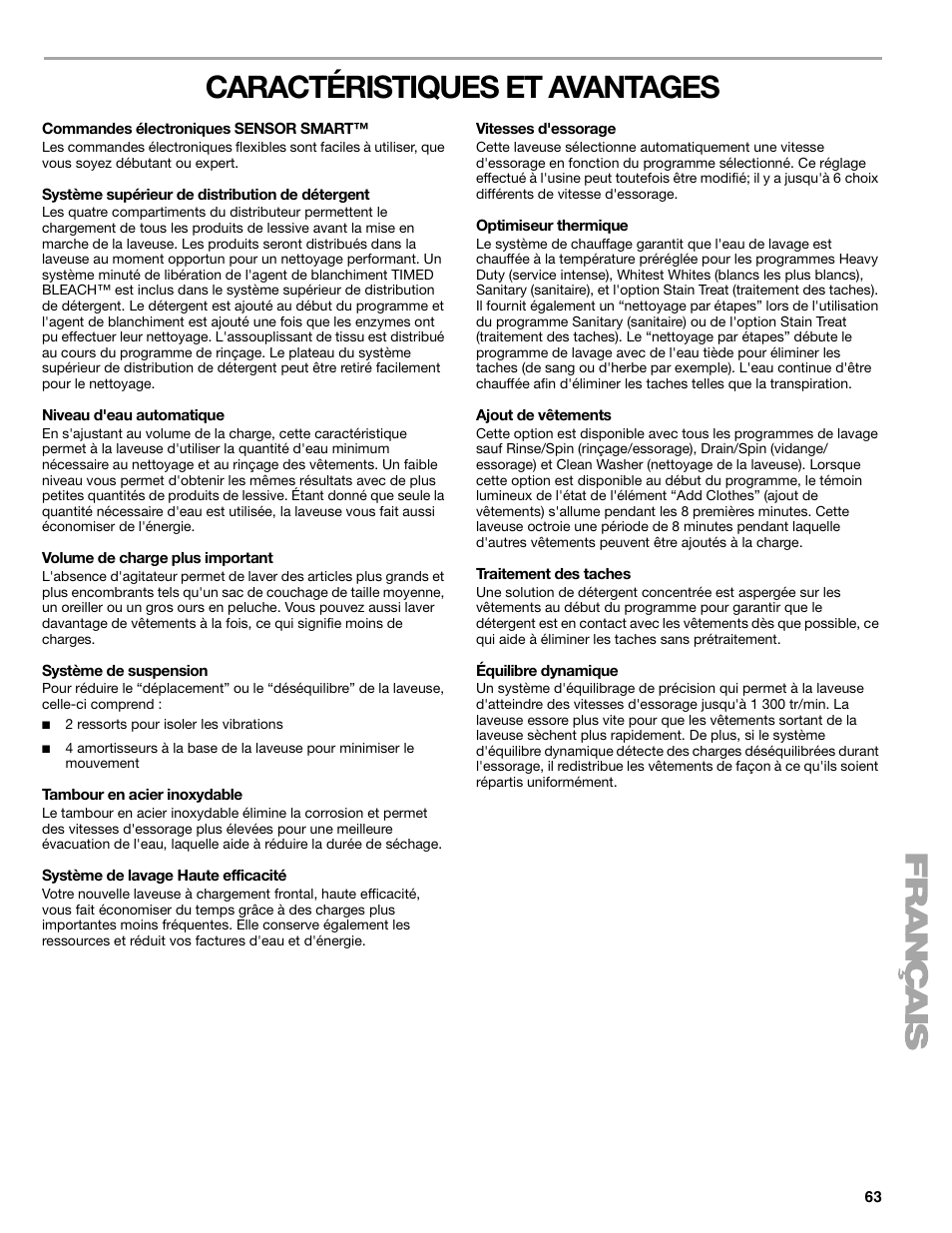 Caractéristiques et avantages | Kenmore 110.4708 User Manual | Page 63 / 80