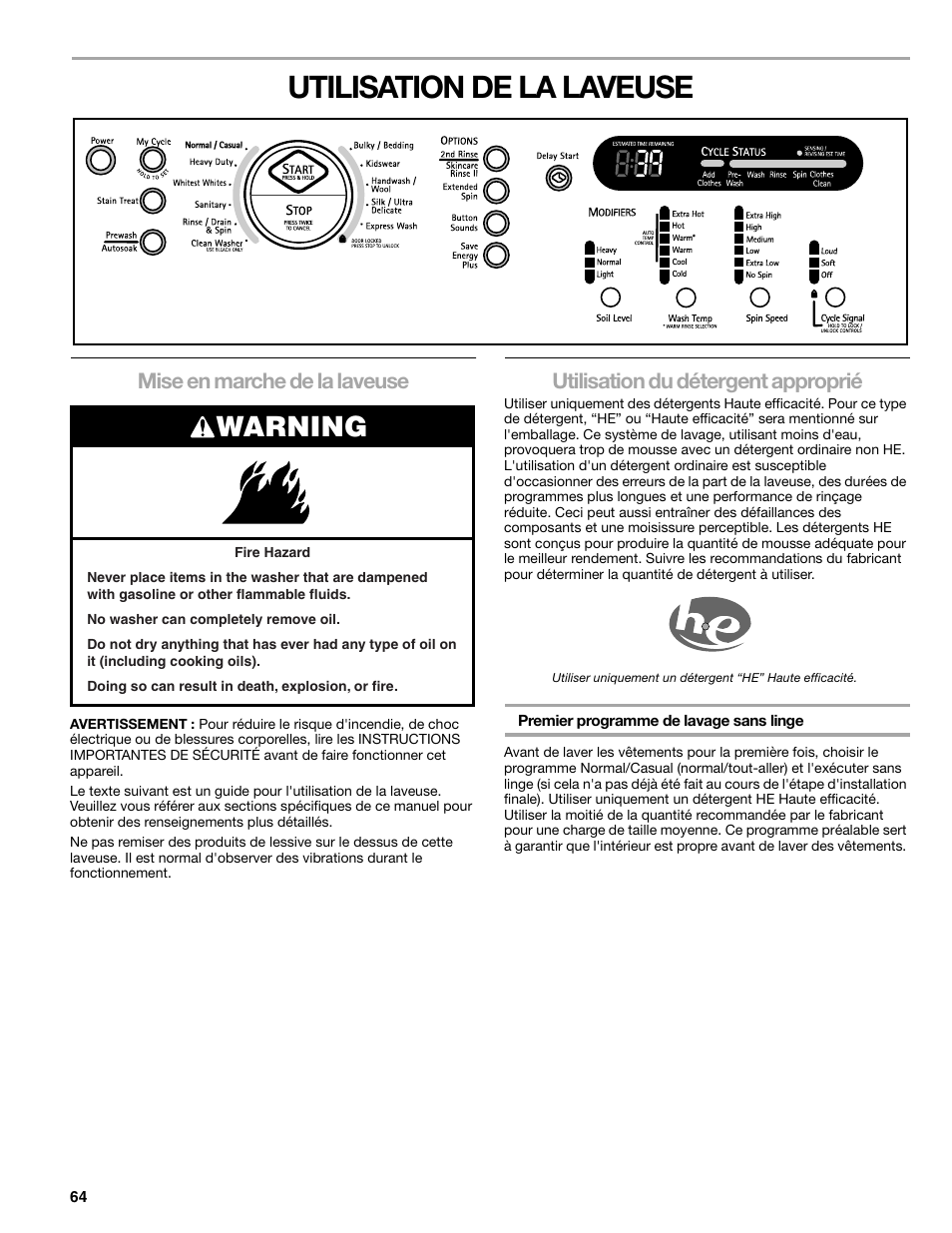 Utilisation de la laveuse, Warning, Mise en marche de la laveuse | Utilisation du détergent approprié | Kenmore 110.4708 User Manual | Page 64 / 80