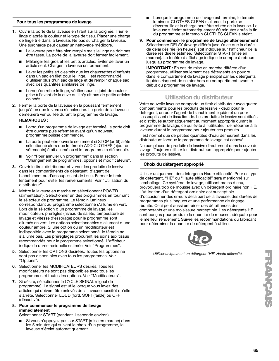 Utilisation du distributeur | Kenmore 110.4708 User Manual | Page 65 / 80