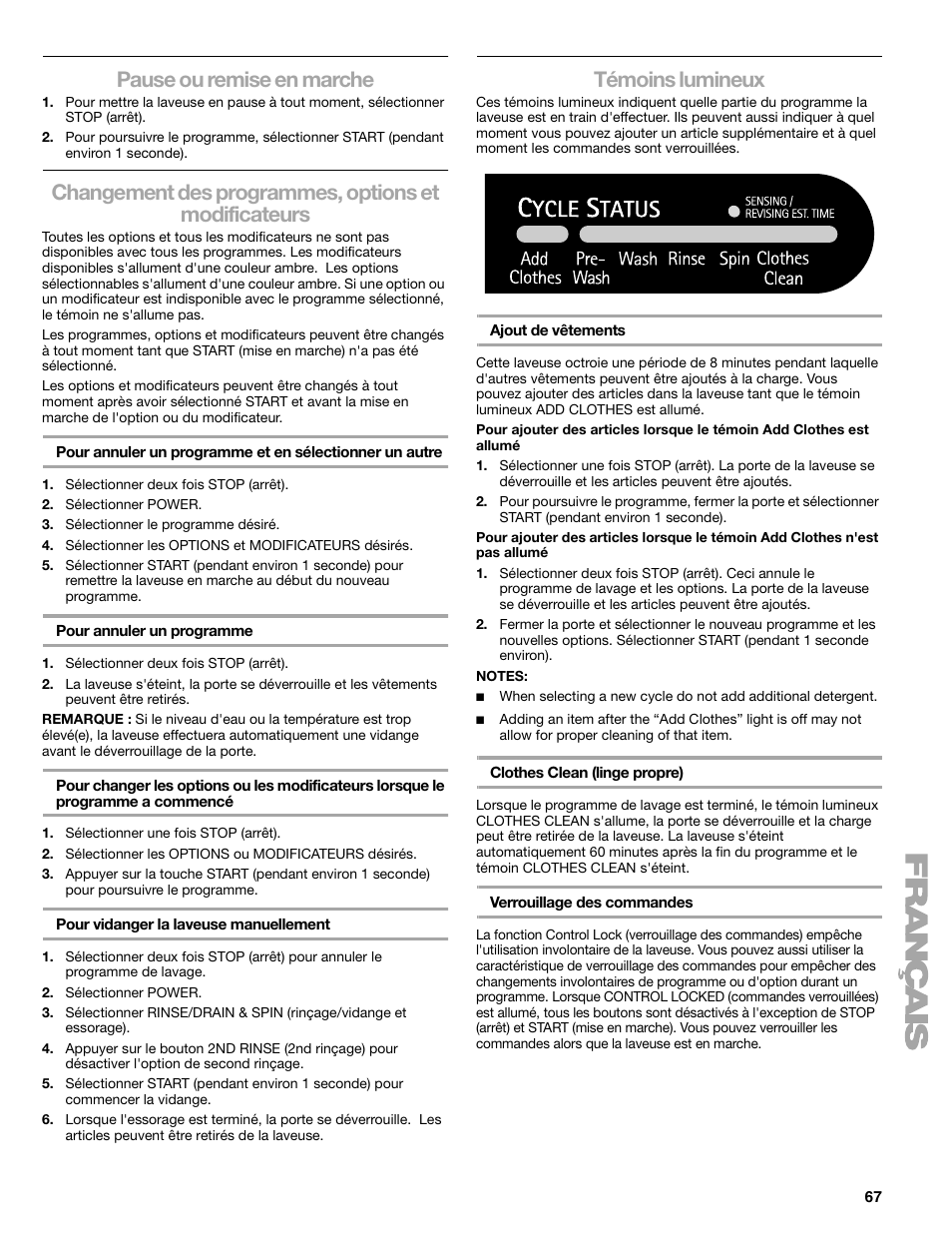 Pause ou remise en marche, Témoins lumineux | Kenmore 110.4708 User Manual | Page 67 / 80