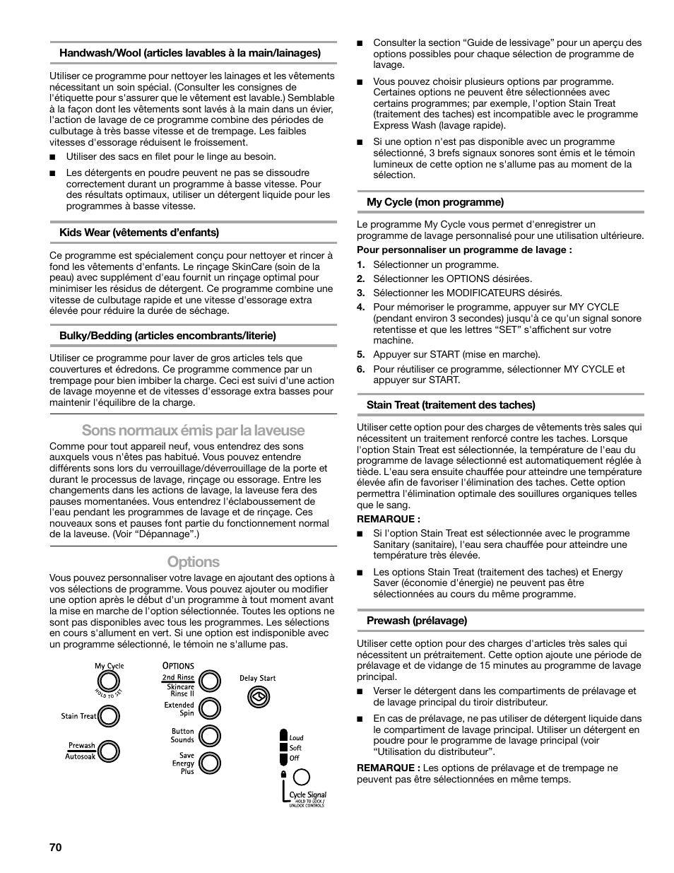 Sons normaux émis par la laveuse, Options | Kenmore 110.4708 User Manual | Page 70 / 80