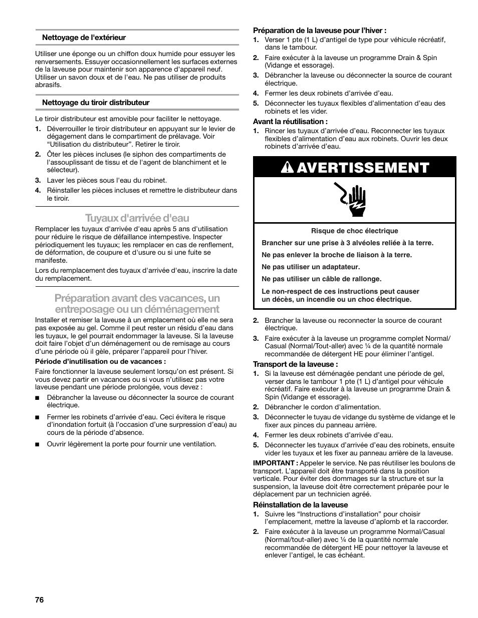 Avertissement, Tuyaux d'arrivée d'eau | Kenmore 110.4708 User Manual | Page 76 / 80