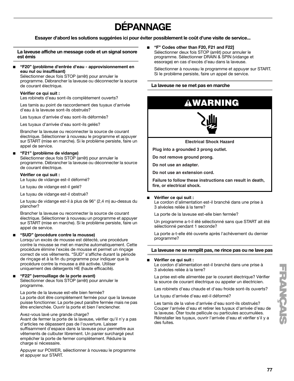 Dépannage, Warning | Kenmore 110.4708 User Manual | Page 77 / 80